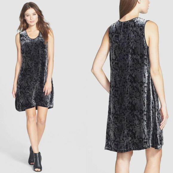 Eileen Fisher Silk Iridescent Velvet U-Neck Dress M Black Gray Marble Sleeveless - Picture 1 of 12